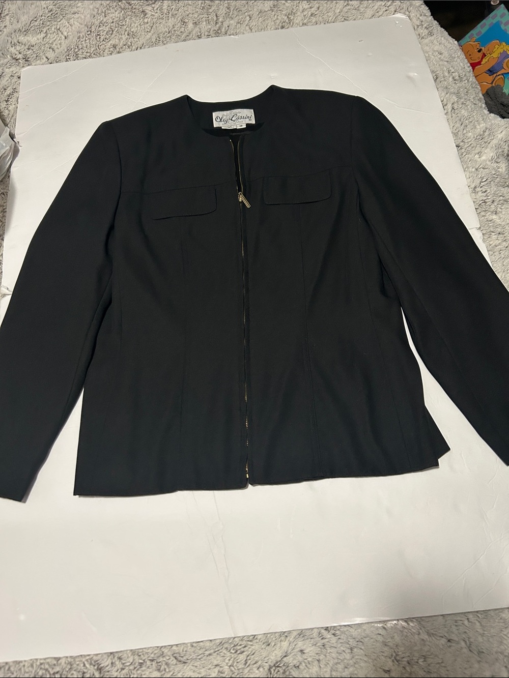 Oleg Cassini Black Zip-Front Collarless Jacket